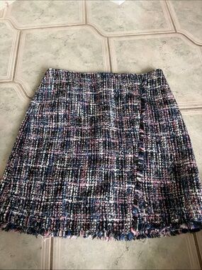 Loft tweed Fringe Mini Skirt in Navy and Pink